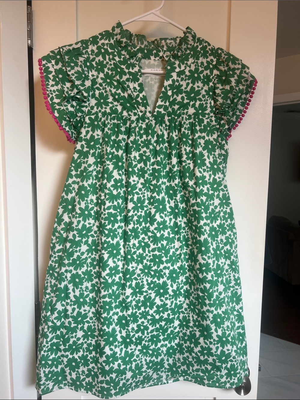 Green Floral Mini Dress with Pink Pom Trim